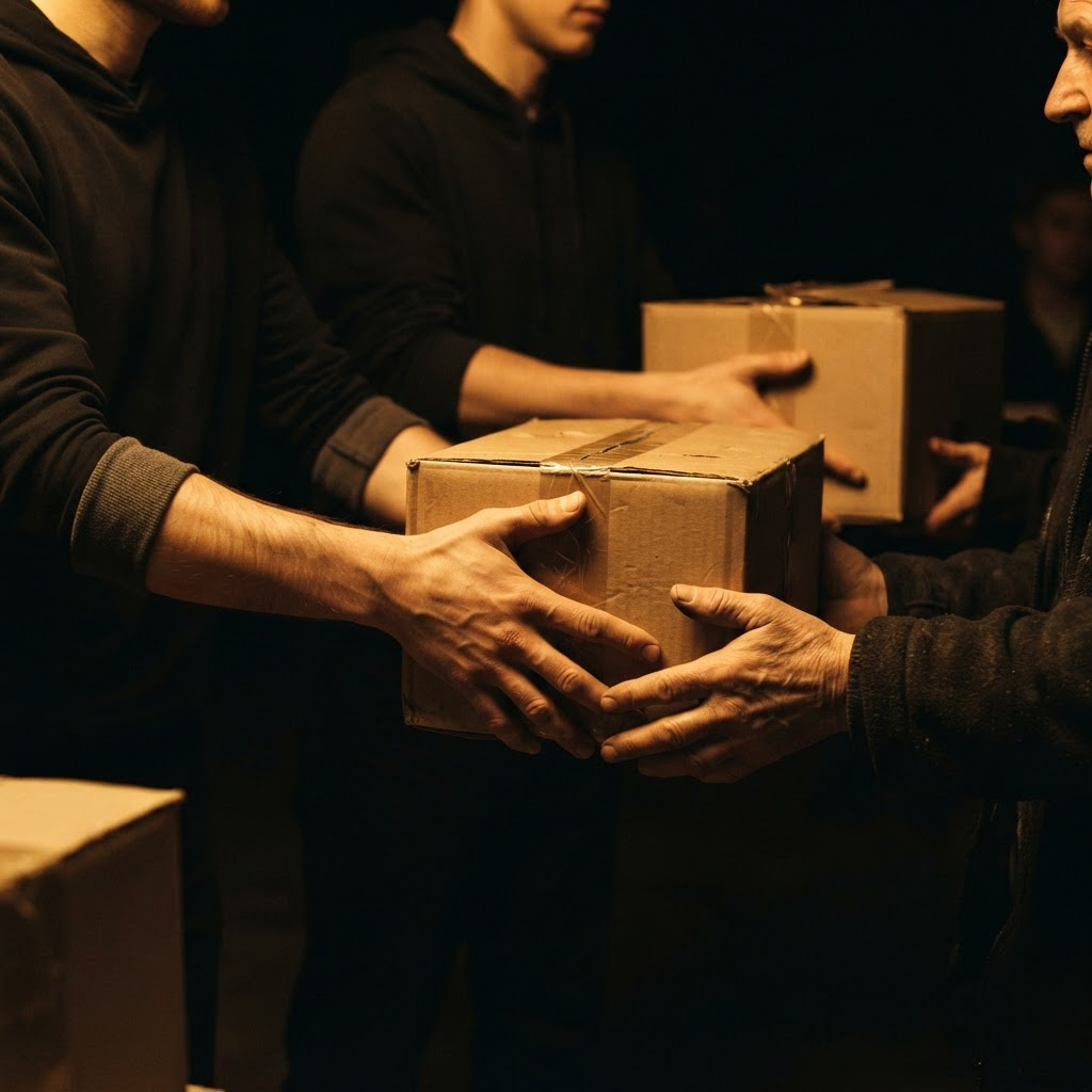 Manos jóvenes entregando cajas de alimentos a quienes lo necesitan